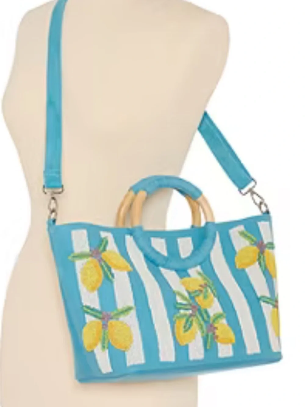 THE RIVIERA Blue Lemon beaded  Embroidered Straw Tote Bag - Women!! NWT!! - Picture 4 of 5
